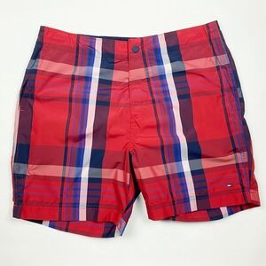 TOMMY HILFIGER Red White Blue‎ Plaid Swim Trunks Men's Size M